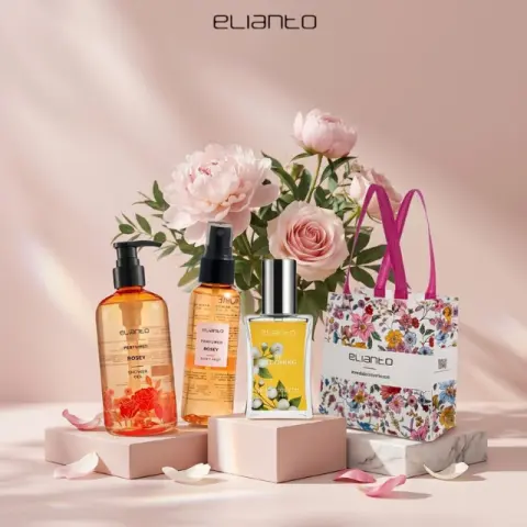 Elianto Wangi Bundle Gift Set, Set 1 : Body Mist Rosey ; Shower Gel Rosey; Be Stunning EDT ; Eco Bag S